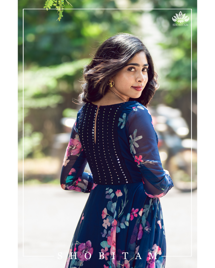 Floral Organza Navy Gown with foil mirror detailing on yoke | Made To Order