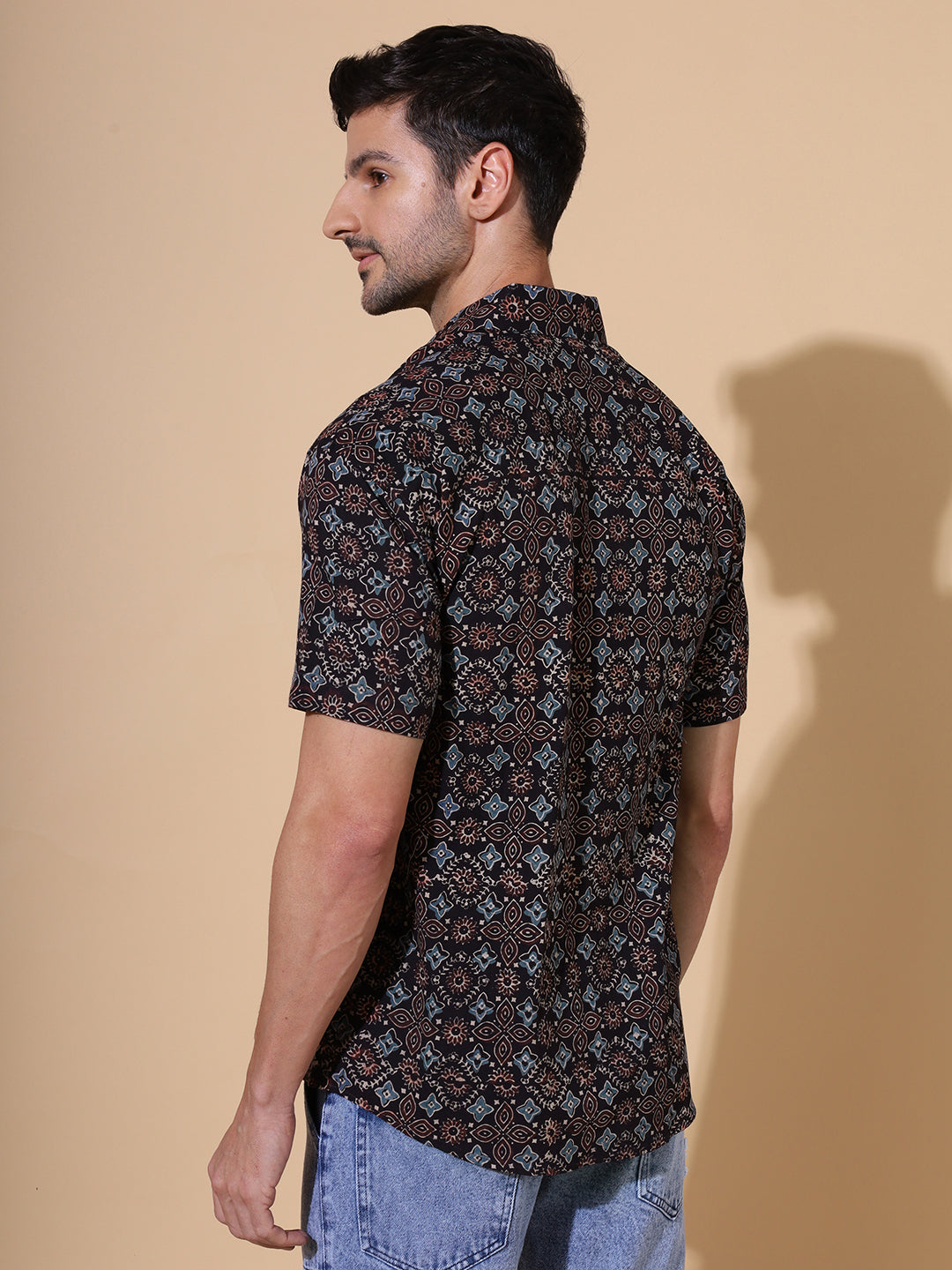 Sindhu Ajrakh Half Sleeve Artisan Print Shirt in Black for Men