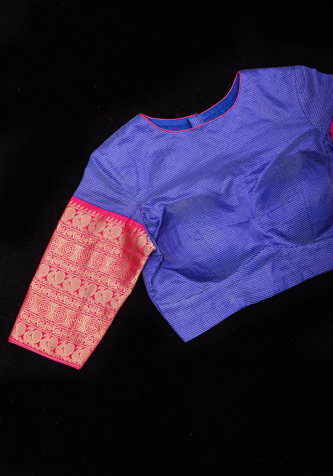 Blue Pure Kanjivaram Silk with Zari checks Blouse with crew neck and stylish  back cutout design,  Made to Order