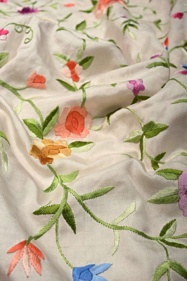 Ivory Jugalbandi Authentic Patan Patola Double Ikkat Pure Silk Saree With Parsi Gara Hand Embroidery Floral Jaal and Contrst Black Pallu on Both Side | SILK MARK CERTIFIED | SHOBITAM