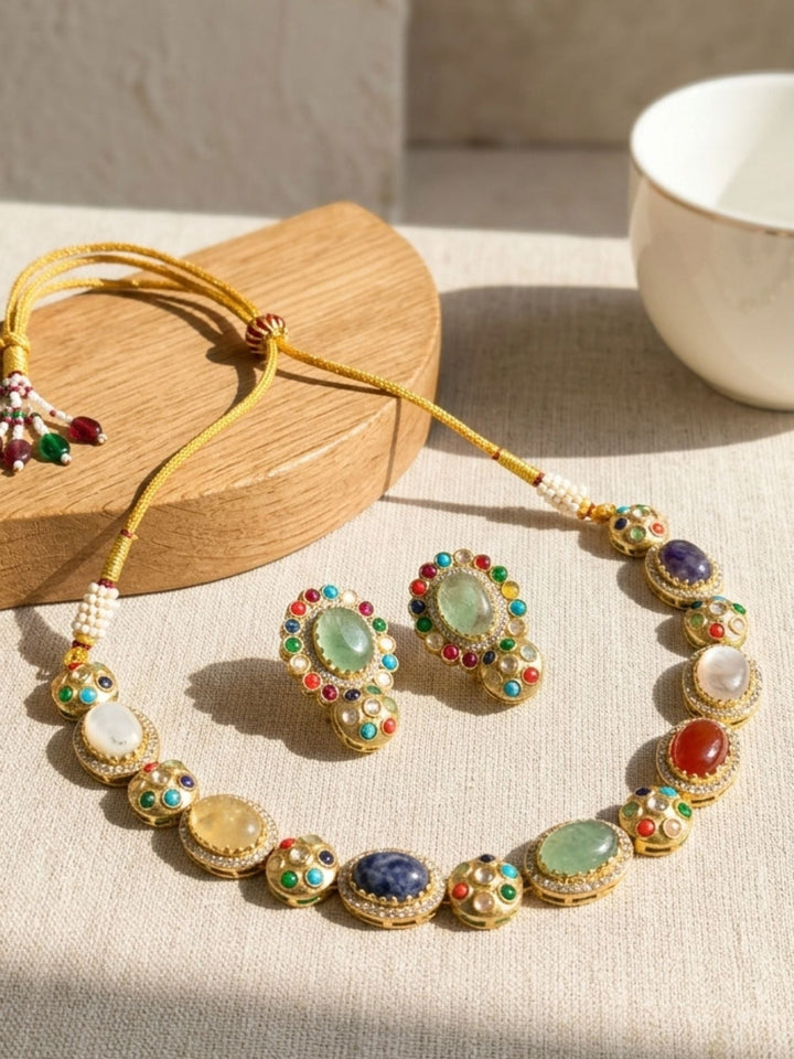 Navratna Kundan Necklace Set with Earrings | SHOBITAM