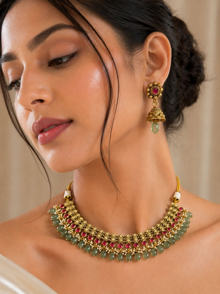 Temple Choker Necklace Set in Gold Plating – Bridal | SHOBITAM