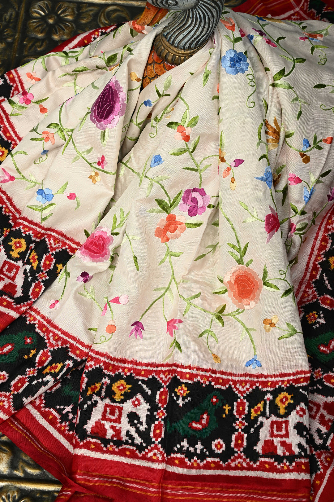 Ivory Jugalbandi Authentic Patan Patola Double Ikkat Pure Silk Saree With Parsi Gara Hand Embroidery Floral Jaal and Contrst Black Pallu on Both Side | SILK MARK CERTIFIED | SHOBITAM