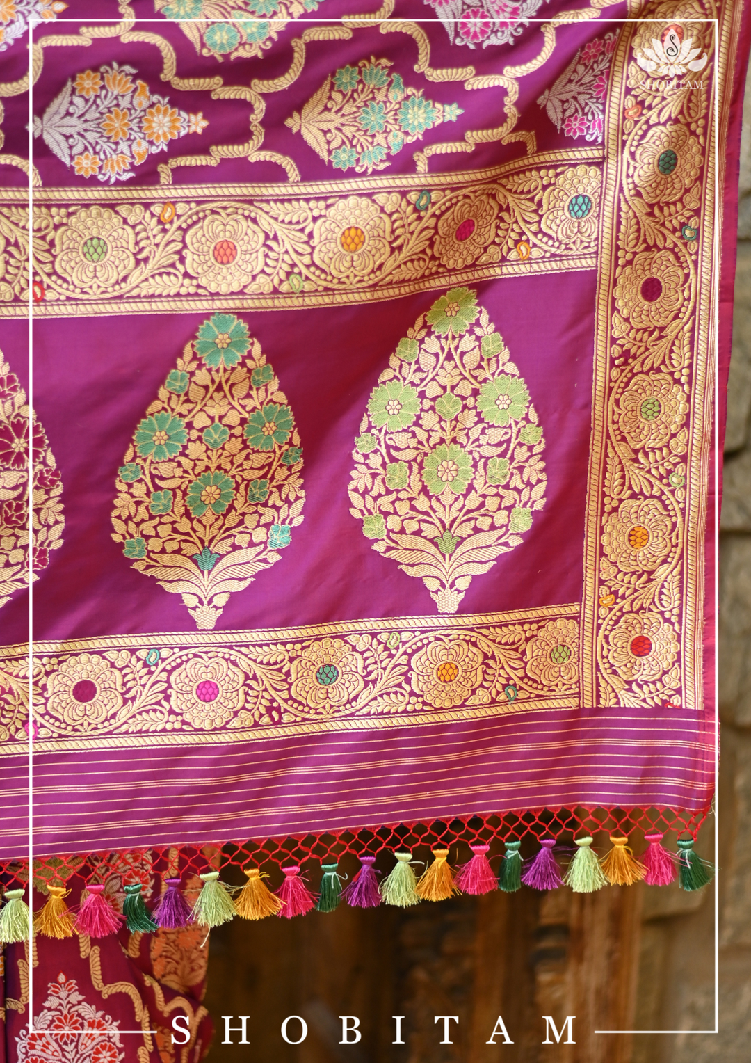 Authentic Kadhuwa Jungla Multi-color Meenakari Jaal Banarasi Silk Saree in Plum with Grand Pallu and Zari  | SILK MARK CERTIFIED
