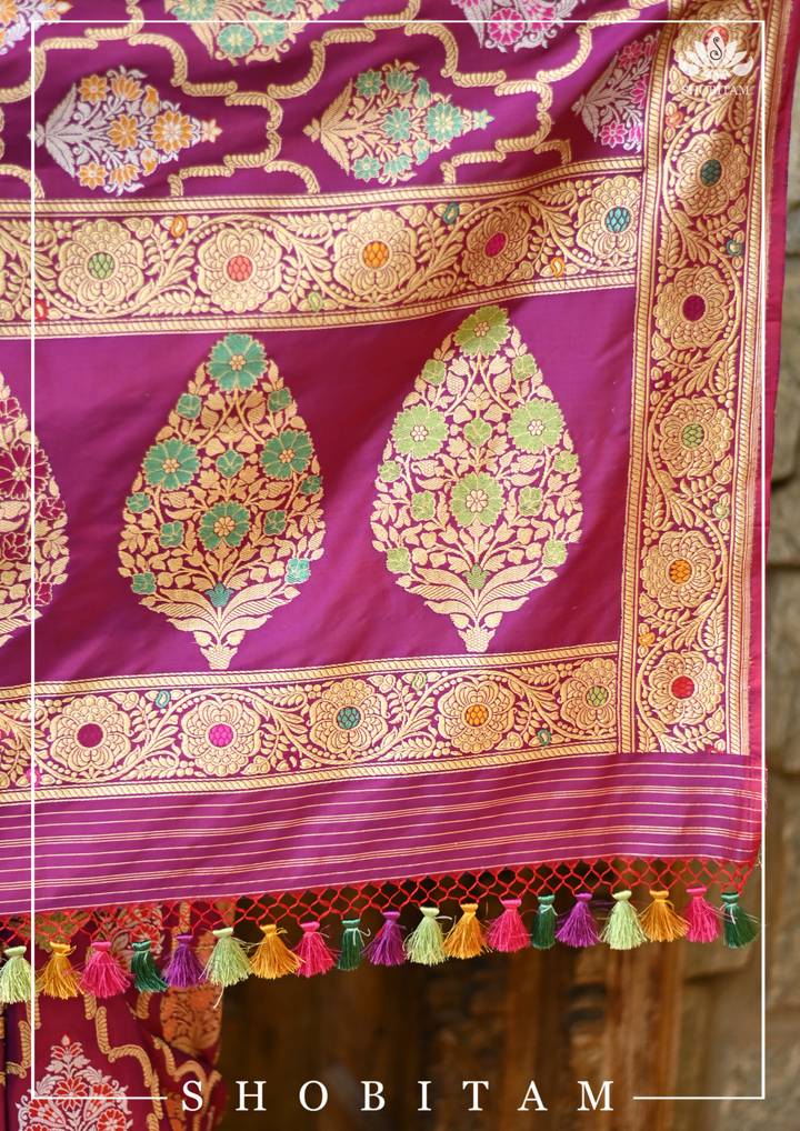 Authentic Kadhuwa Jungla Multi-color Meenakari Jaal Banarasi Silk Saree in Plum with Grand Pallu and Zari  | SILK MARK CERTIFIED