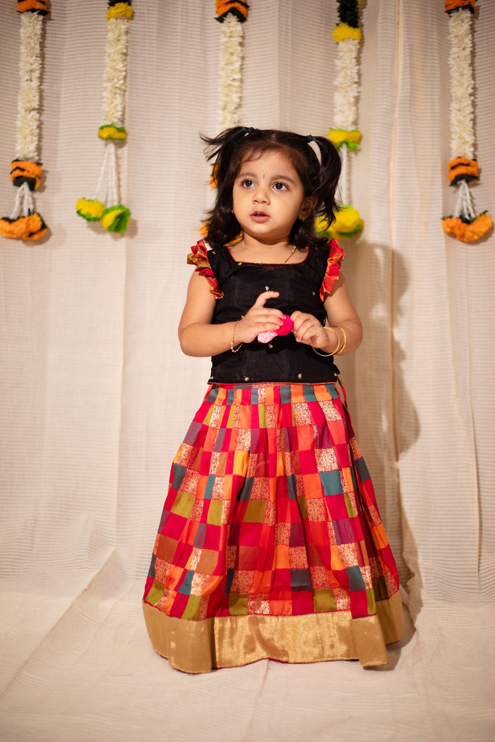 Vamsi Black Top with Multicolor Skirt Mini | Made To Order