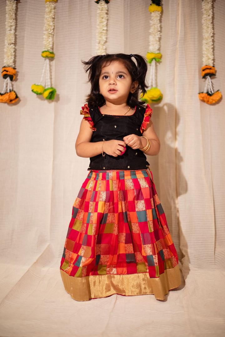 Vamsi Black Top with Multicolor Skirt Mini | Made To Order