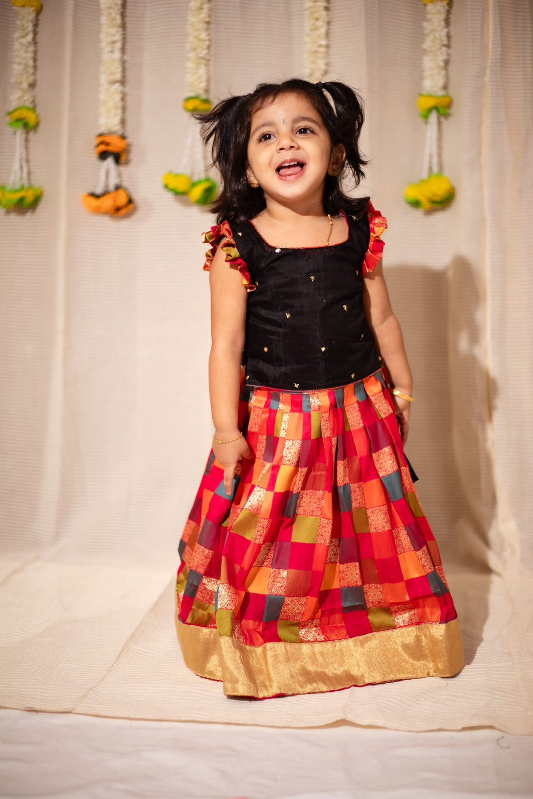 Vamsi Black Top with Multicolor Skirt Mini | Made To Order