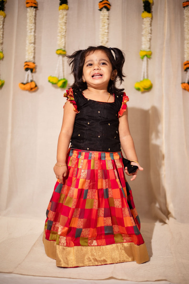 Vamsi Black Top with Multicolor Skirt Mini | Made To Order