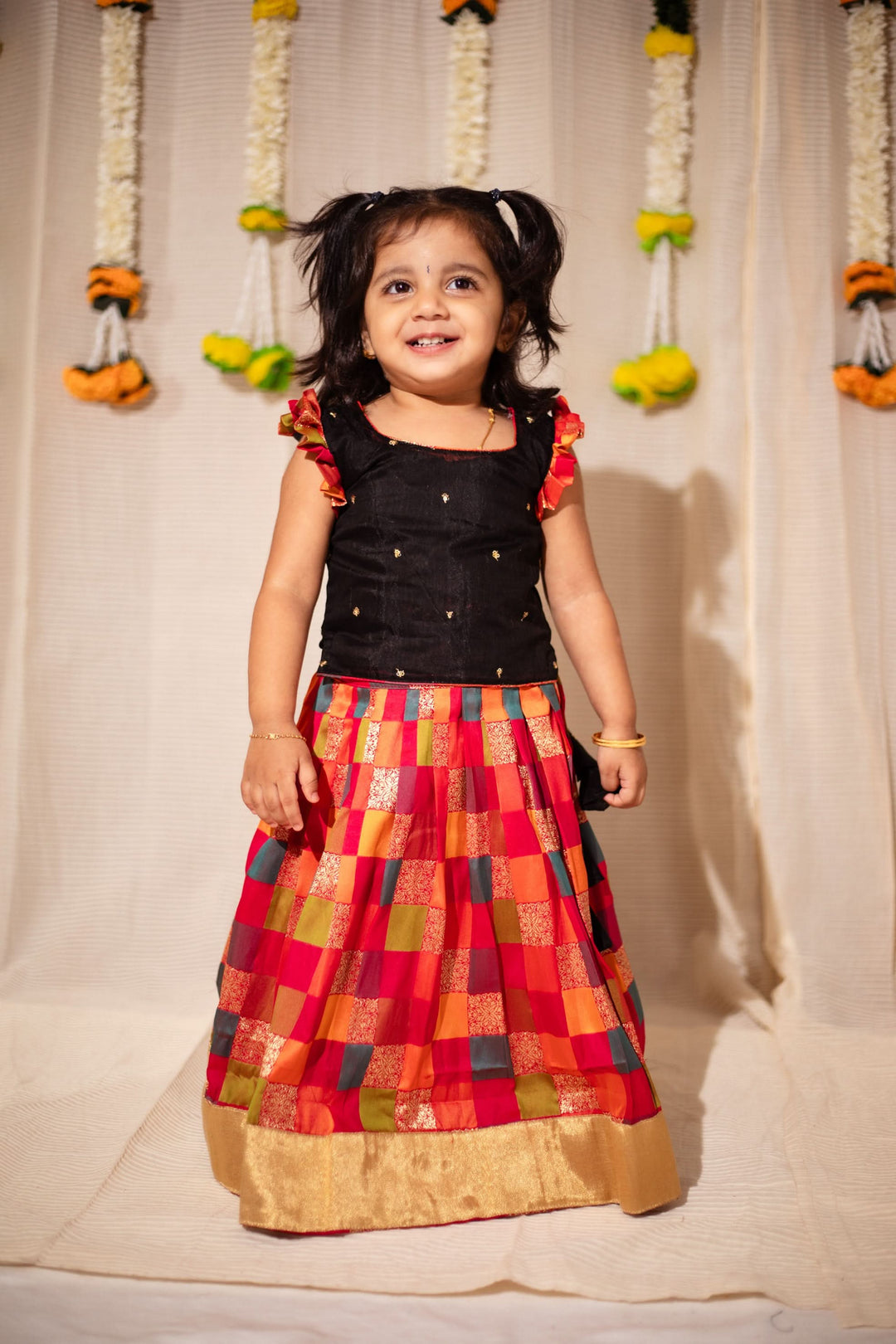 Vamsi Black Top with Multicolor Skirt Mini | Made To Order