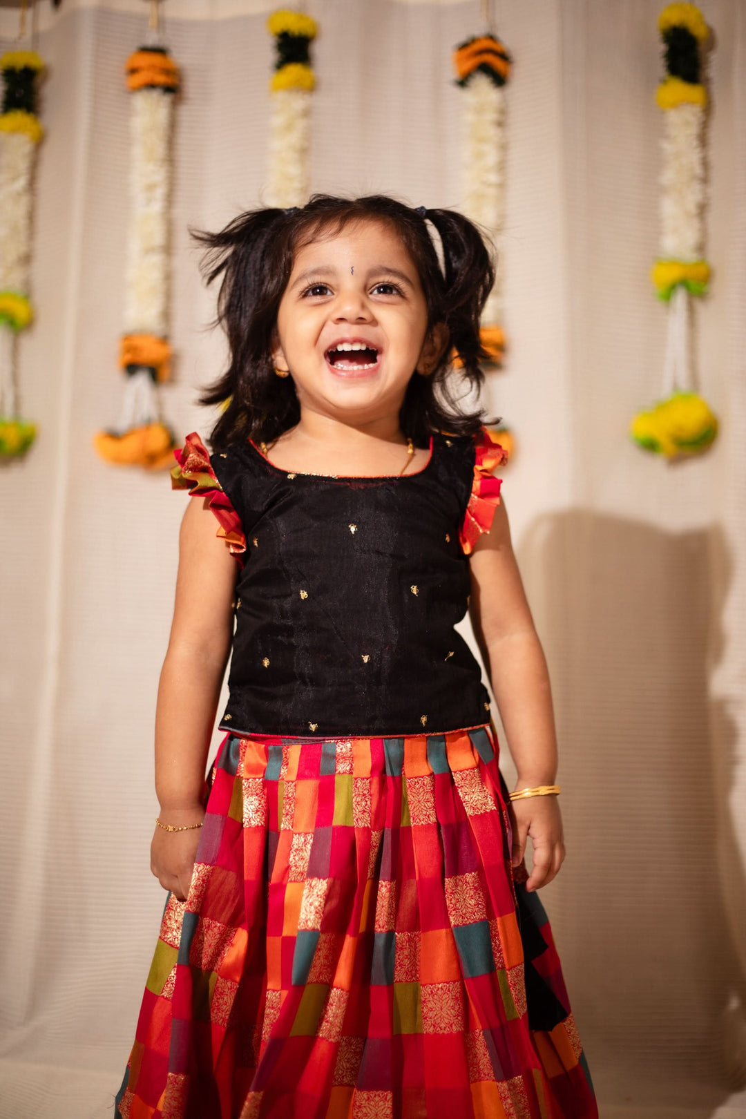 Vamsi Black Top with Multicolor Skirt Mini | Made To Order