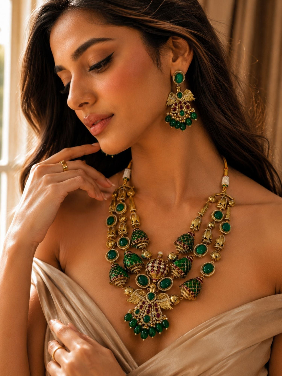 Green Stone Temple Necklace Set | SHOBITAM