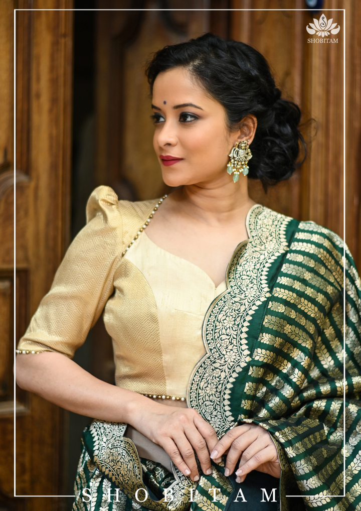 Gold Tone Blouse with sweetheart neck and detailing