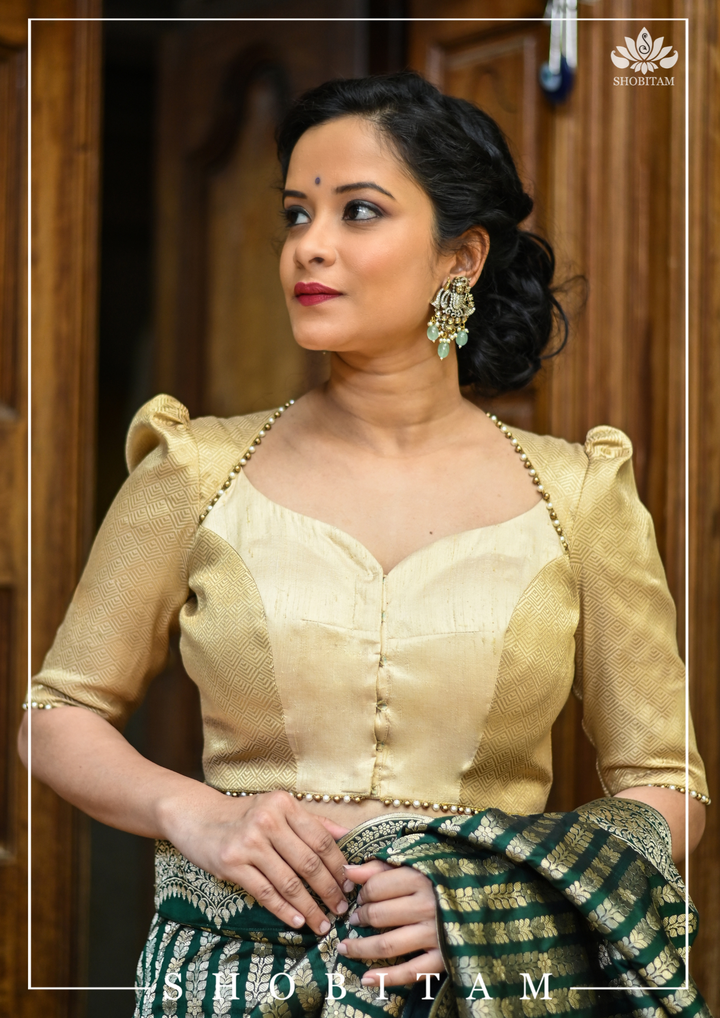 Gold Tone Blouse with sweetheart neck and detailing