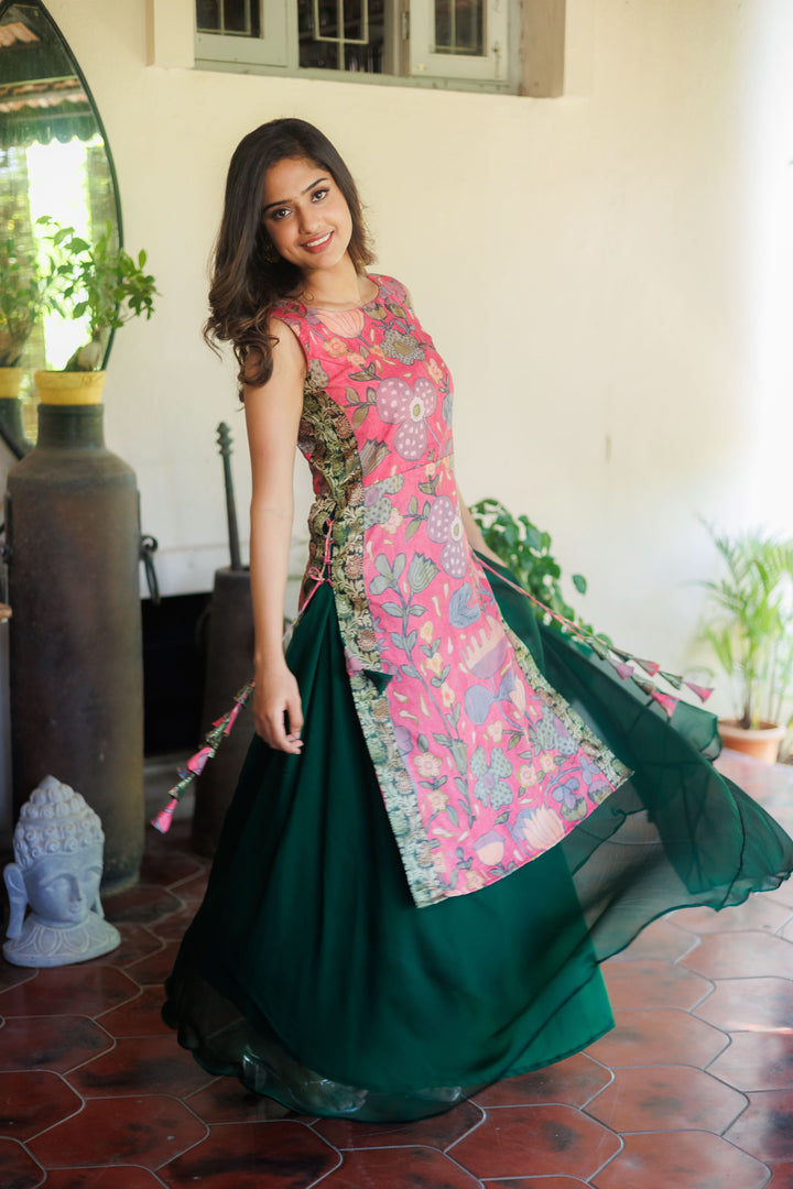 Pretty Peach and Green Kurti and Skirt Set | Shobitam Custom Gowns | Made To Order