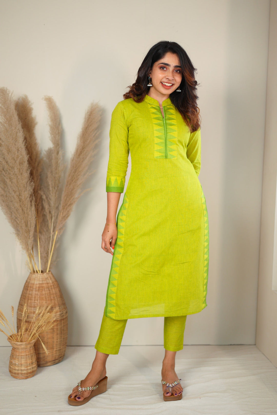 Lemon Yellow & Green Kurti and Pant 2 Piece Set | Made To Order