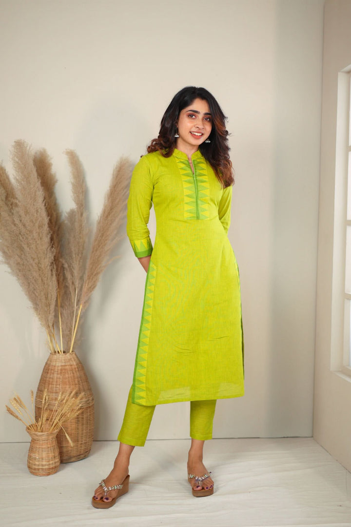 Lemon Yellow & Green Kurti and Pant 2 Piece Set | Made To Order