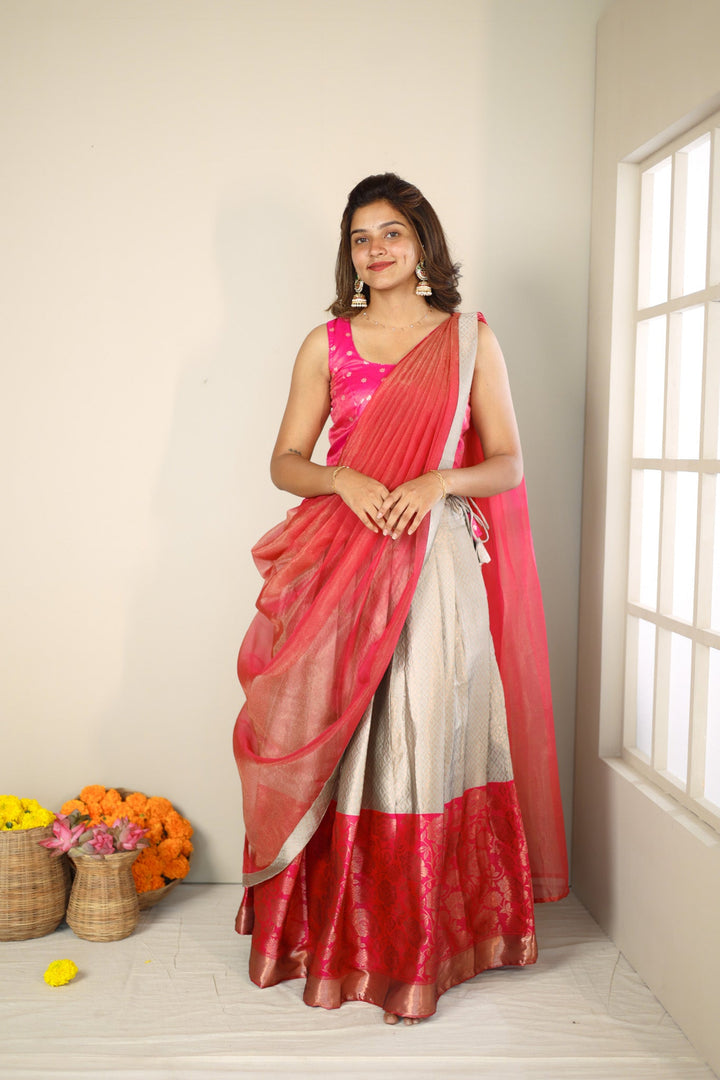 Gray and Pink 3 PIece Skirt, Crop Top and Dupatta | Made To Order