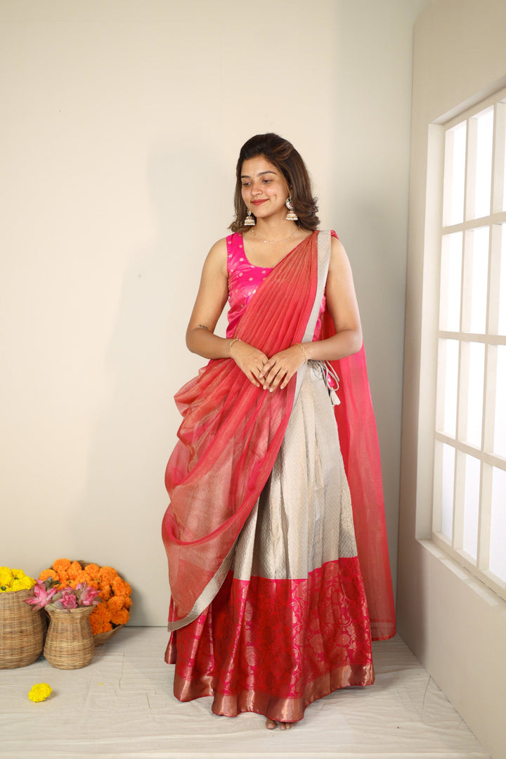Gray and Pink 3 PIece Skirt, Crop Top and Dupatta | Made To Order