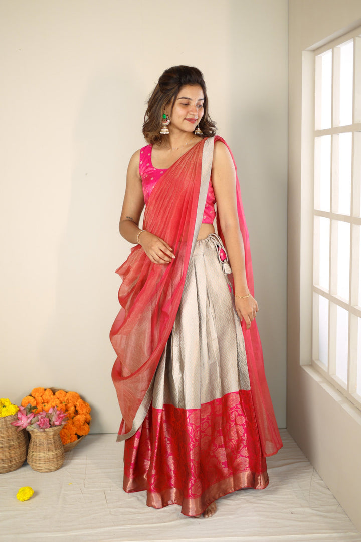 Gray and Pink 3 PIece Skirt, Crop Top and Dupatta | Made To Order