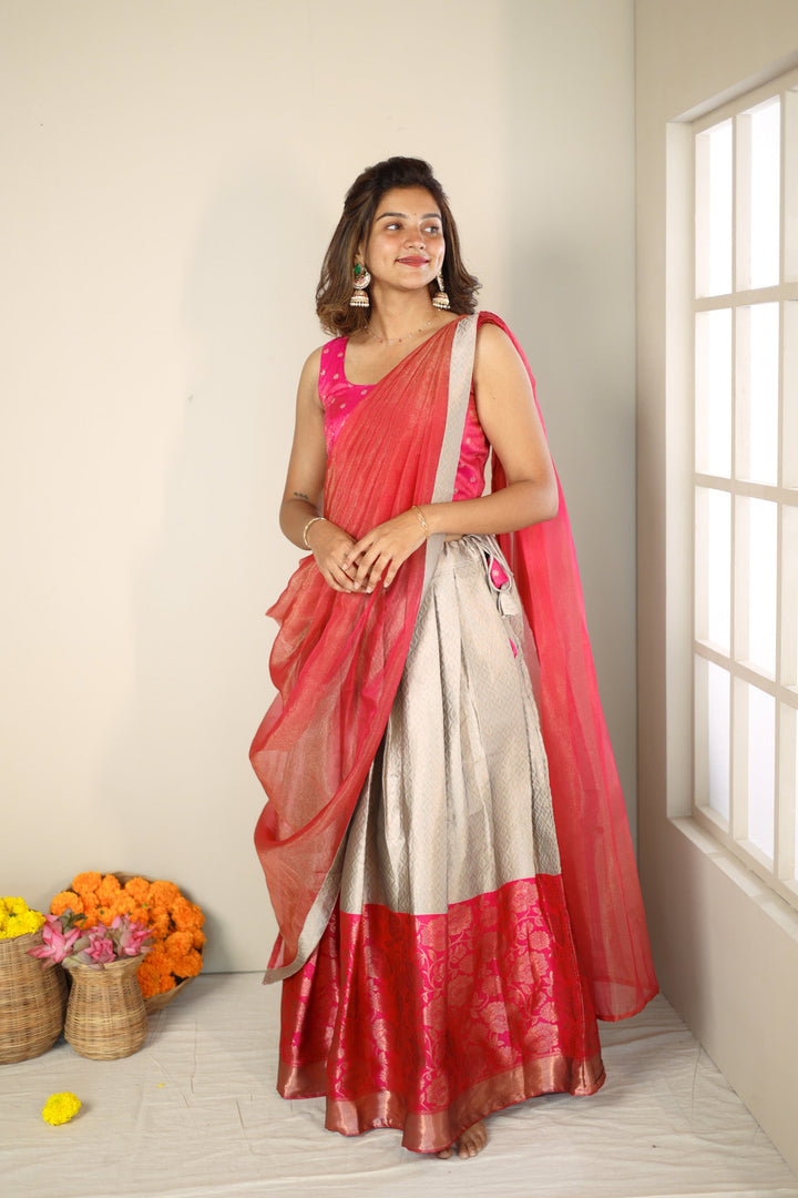 Gray and Pink 3 PIece Skirt, Crop Top and Dupatta | Made To Order
