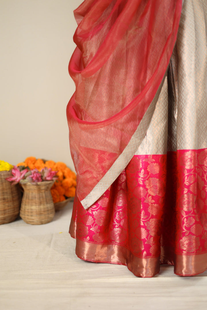 Gray and Pink 3 PIece Skirt, Crop Top and Dupatta | Made To Order
