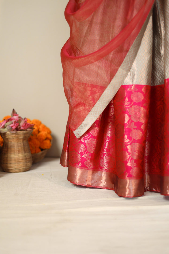 Gray and Pink 3 PIece Skirt, Crop Top and Dupatta | Made To Order