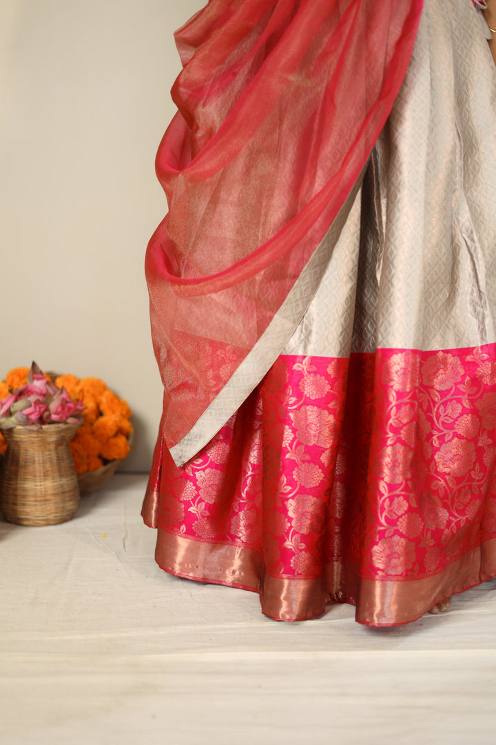 Gray and Pink 3 PIece Skirt, Crop Top and Dupatta | Made To Order
