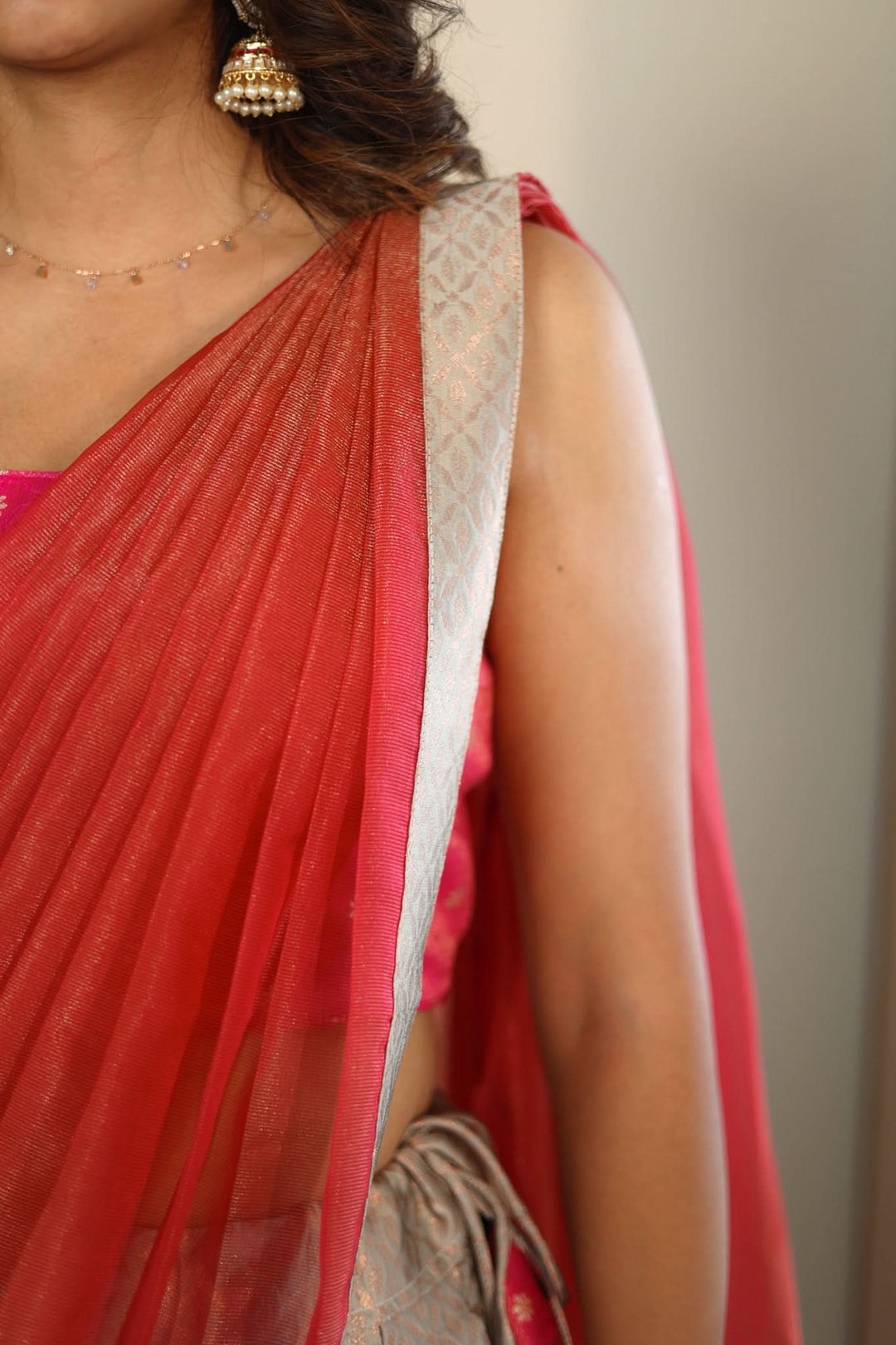 Gray and Pink 3 PIece Skirt, Crop Top and Dupatta | Made To Order
