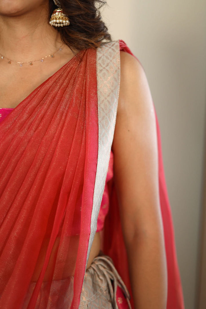 Gray and Pink 3 PIece Skirt, Crop Top and Dupatta | Made To Order