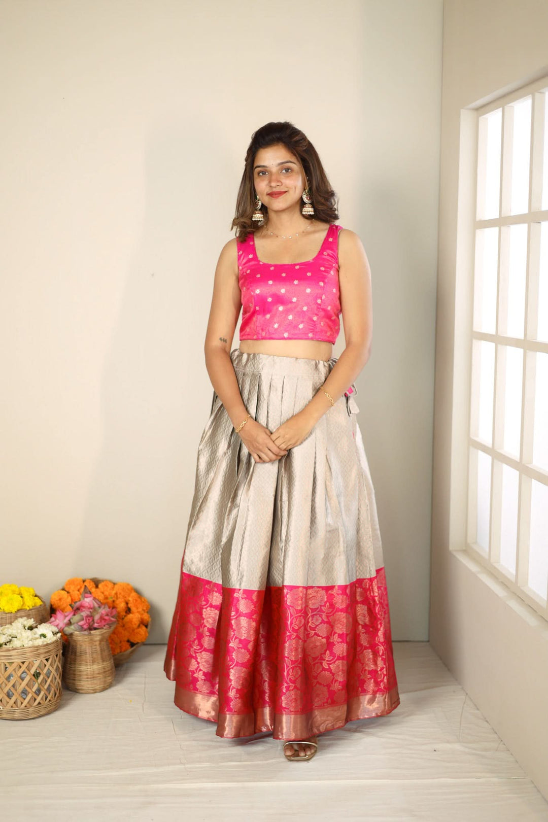 Gray and Pink 3 PIece Skirt, Crop Top and Dupatta | Made To Order