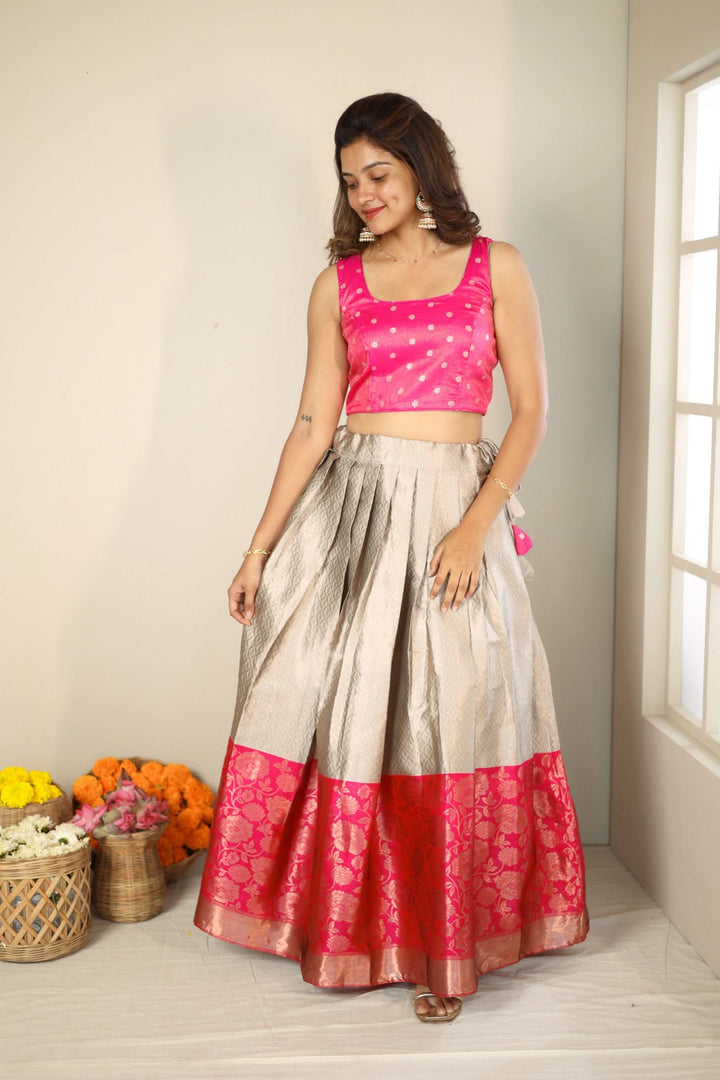 Gray and Pink 3 PIece Skirt, Crop Top and Dupatta | Made To Order