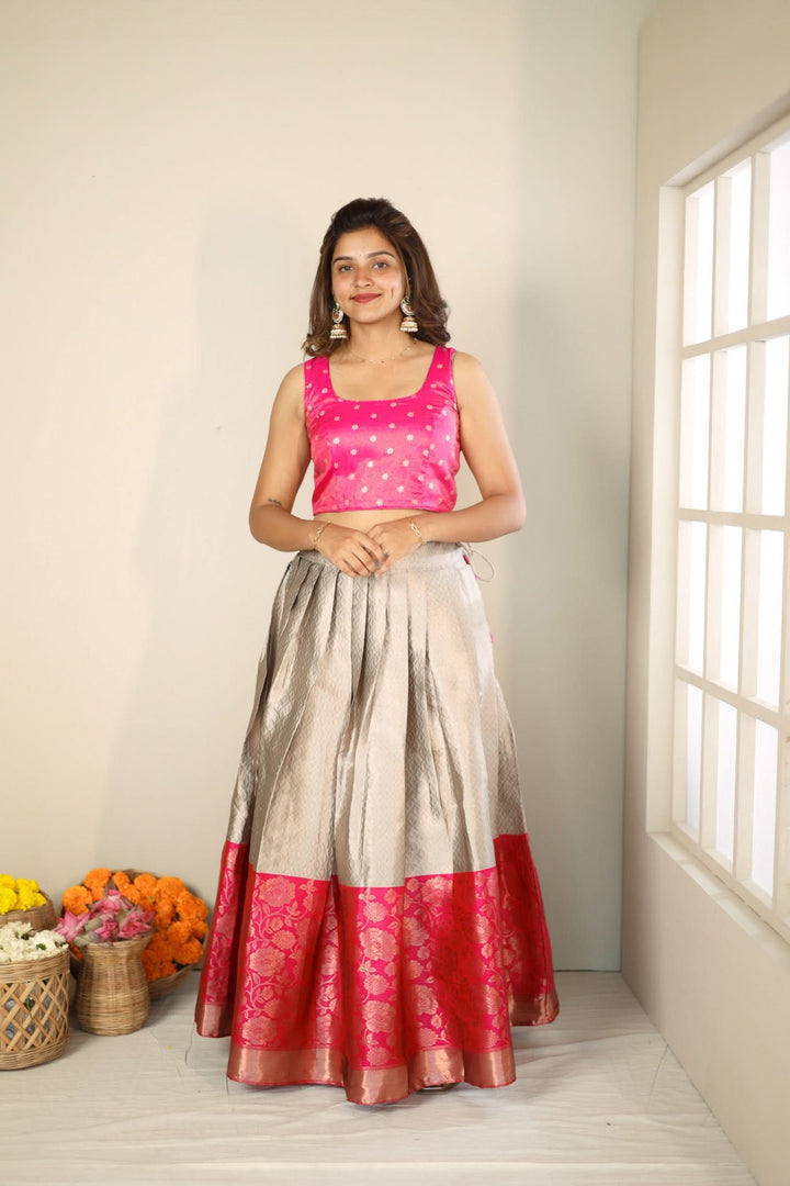 Gray and Pink 3 PIece Skirt, Crop Top and Dupatta | Made To Order