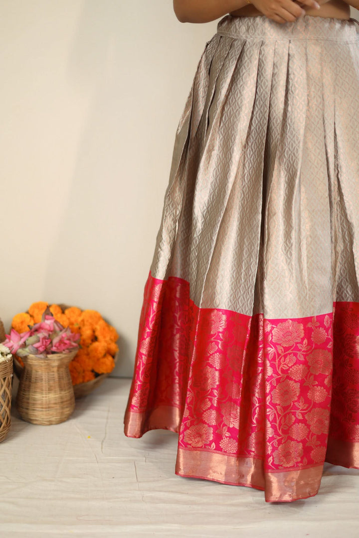 Gray and Pink 3 PIece Skirt, Crop Top and Dupatta | Made To Order