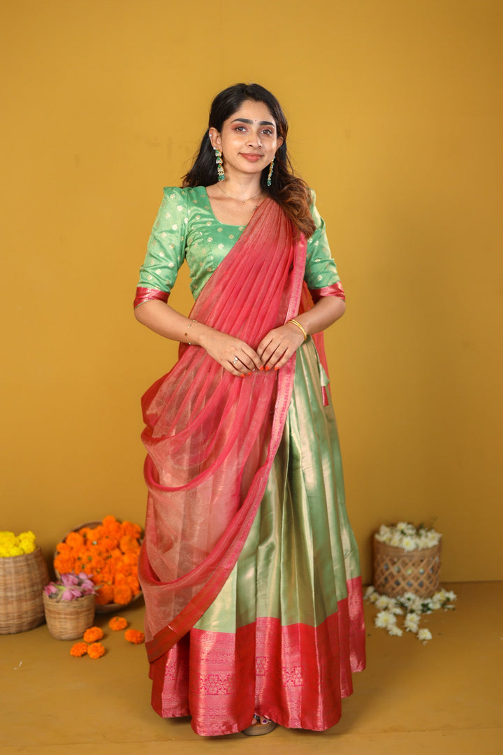 Green & Pink 3 Piece Skirt, Crop Top and Dupatta Set | Made To Order