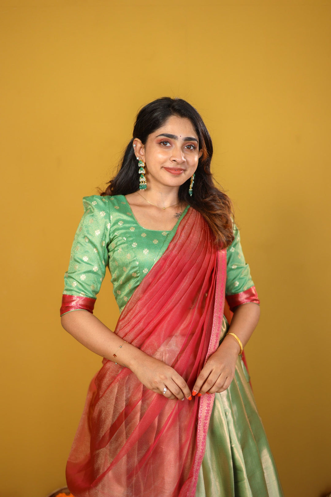Green & Pink 3 Piece Skirt, Crop Top and Dupatta Set | Made To Order
