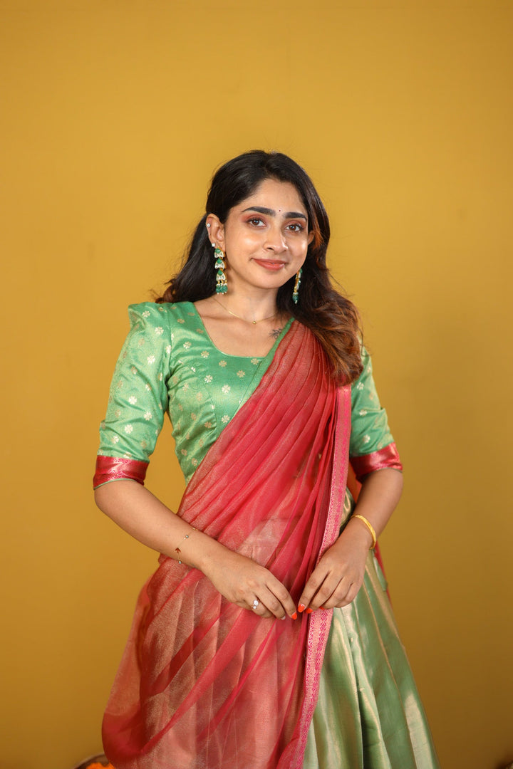 Green & Pink 3 Piece Skirt, Crop Top and Dupatta Set | Made To Order