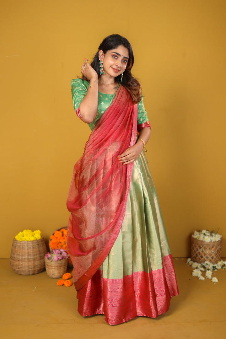 Green & Pink 3 Piece Skirt, Crop Top and Dupatta Set | Made To Order