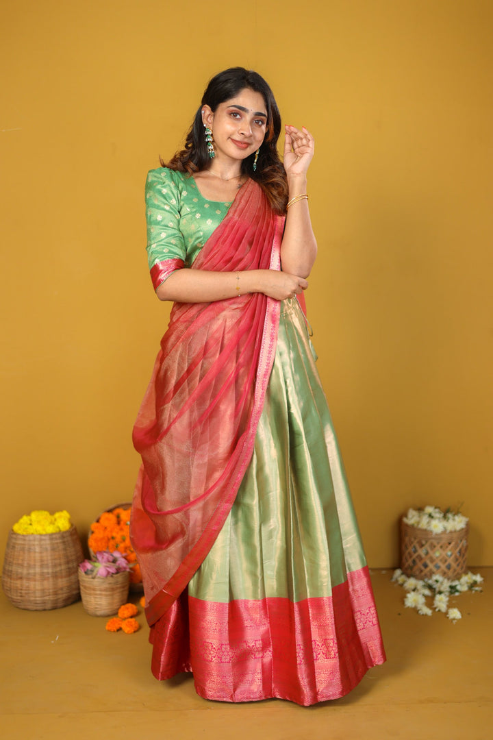 Green & Pink 3 Piece Skirt, Crop Top and Dupatta Set | Made To Order