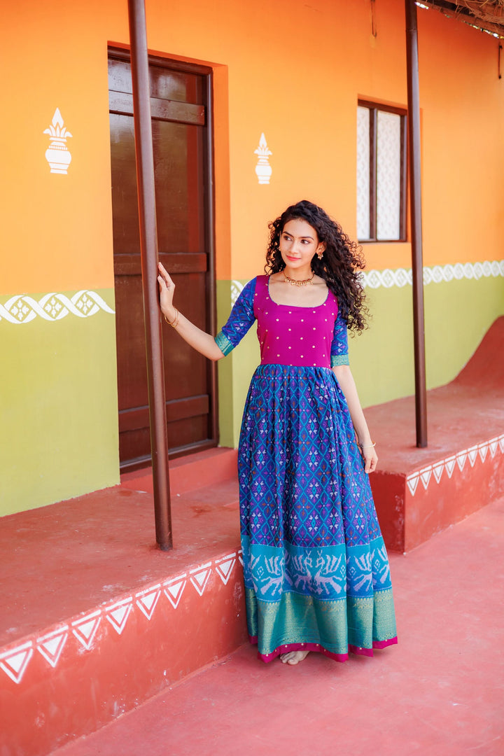 Bhumika Blue Ikkat Print Gown | Shobitam Custom Gowns |