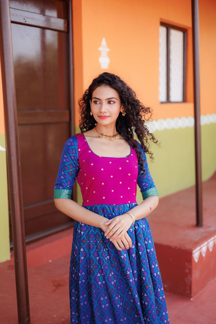 Bhumika Blue Ikkat Print Gown | Shobitam Custom Gowns |