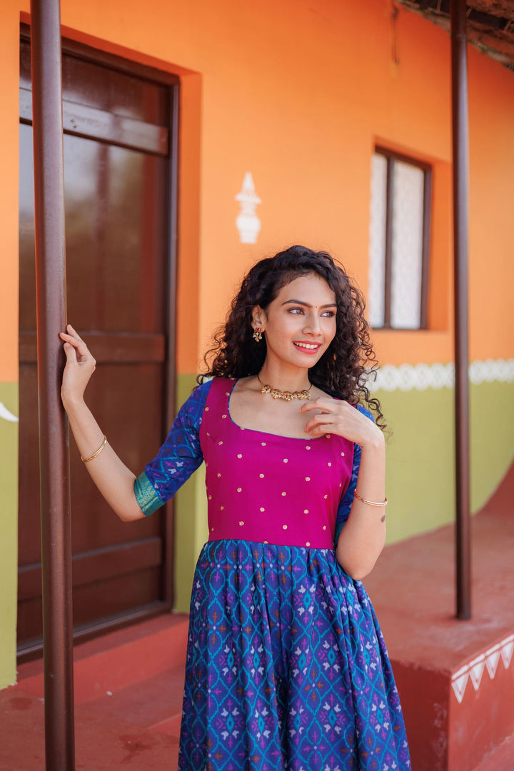 Bhumika Blue Ikkat Print Gown | Shobitam Custom Gowns |