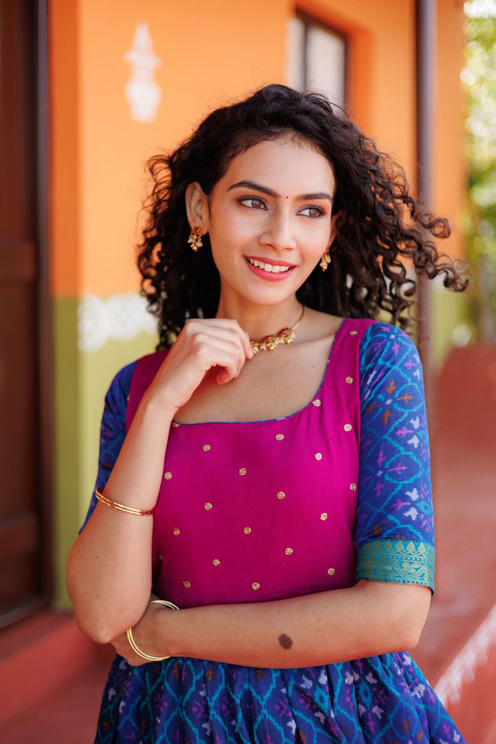 Bhumika Blue Ikkat Print Gown | Shobitam Custom Gowns |