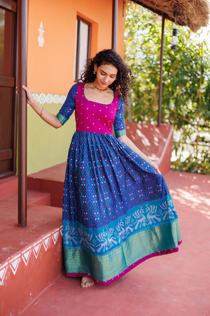 Bhumika Blue Ikkat Print Gown | Shobitam Custom Gowns |