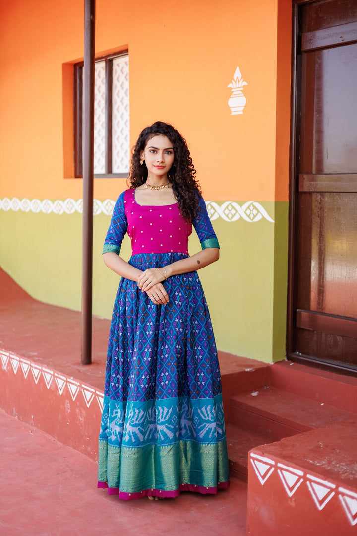 Bhumika Blue Ikkat Print Gown | Shobitam Custom Gowns |