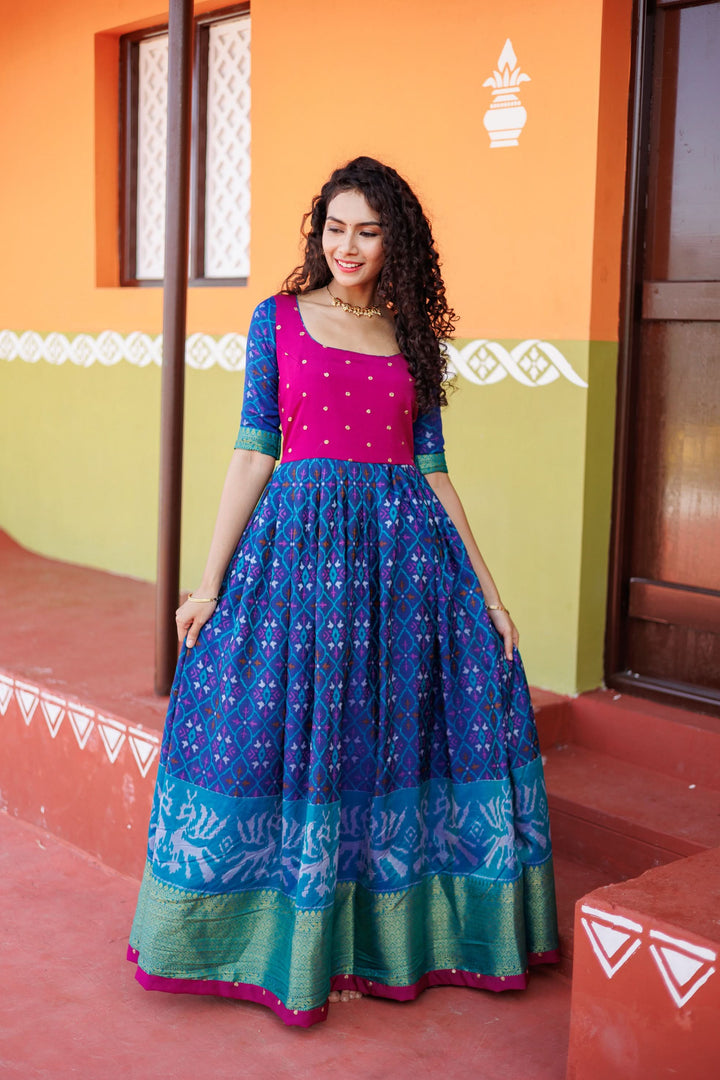 Bhumika Blue Ikkat Print Gown | Shobitam Custom Gowns |