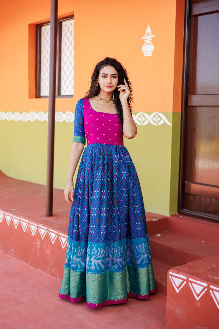 Bhumika Blue Ikkat Print Gown | Shobitam Custom Gowns |