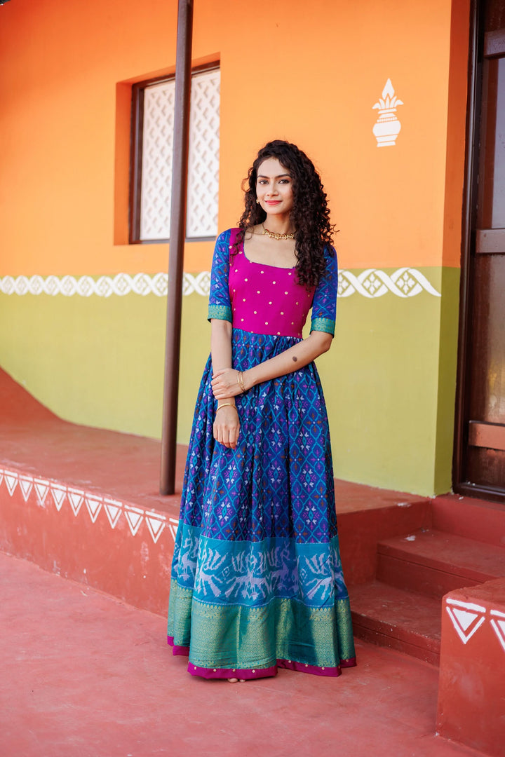Bhumika Blue Ikkat Print Gown | Shobitam Custom Gowns |