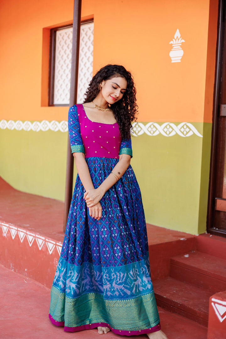 Bhumika Blue Ikkat Print Gown | Shobitam Custom Gowns |