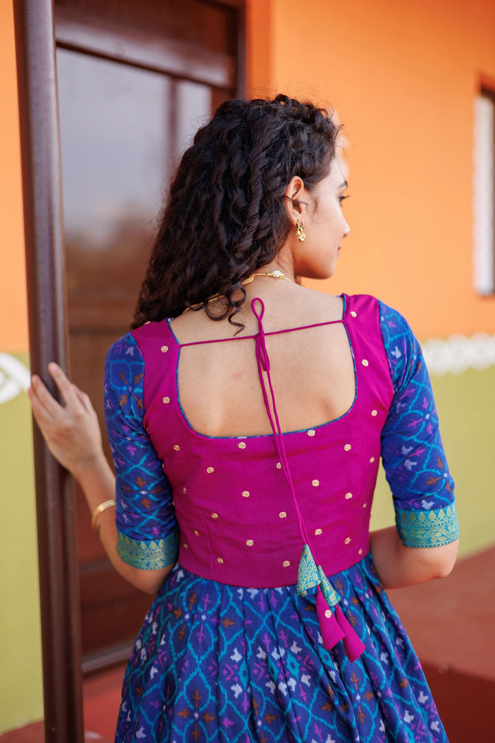 Bhumika Blue Ikkat Print Gown | Shobitam Custom Gowns |